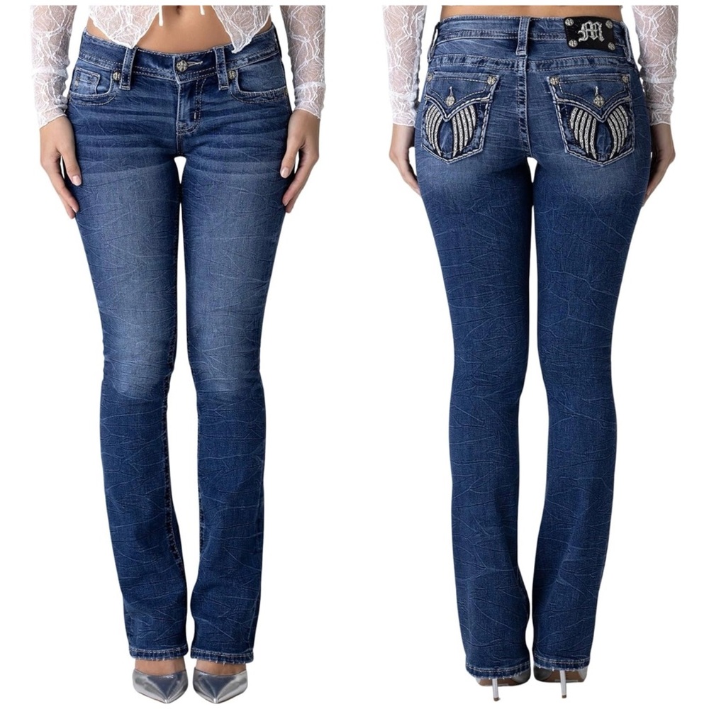 Miss Me Frankie Angel Wing Embellish Faux Flap Pockets Low-Rise Bootcut Jeans 26